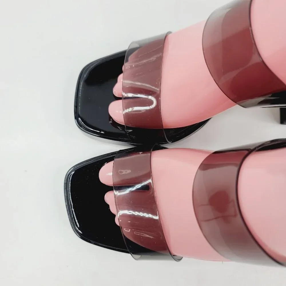 Nine West‎ Women's Black Clear Sheer Block Heel Platform Sandal Size 7.5M